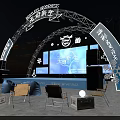 Modern Stage with Arched Structure Lighting Screens Snowflake Decorations and Chairs Tables 3d model