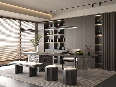 Modern Tea Room Interior With Long Table Stools Chairs Bookshelves Tea Sets Plants And Blinds 3d model