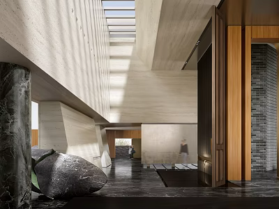 Elegant Contemporary Sales Office Lobby Featuring Natural Stone Decorations And Soft Daylight From Skylights 3d model