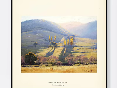Charles Higgins 1911 Landscape Watercolor Painting With Rolling Hills And Golden Trees 3d model