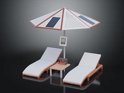 Outdoor Furniture Set With Solar Panel Umbrella Wooden Loungers And Side Table 3d model