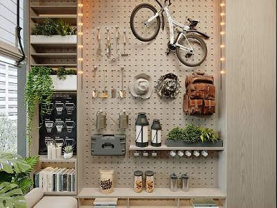 Decorative Cabinet With Pegboard Wall Hanging Bicycle Green Plants And Bookshelf Storage 3d model