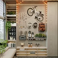Decorative Cabinet With Pegboard Wall Hanging Bicycle Green Plants And Bookshelf Storage