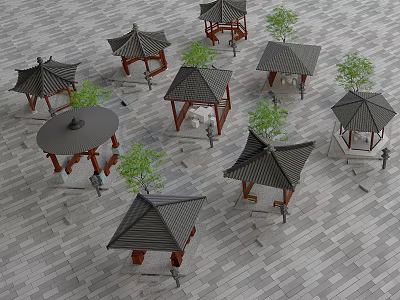 Traditional Chinese Style Pavilions With Gray Floor Tiles Small Trees And People In Outdoor Area 3d model