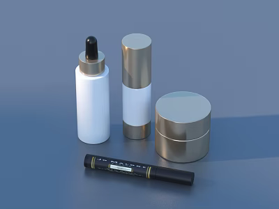 Perfume and Cosmetics Products With White Gold Bottles Cream Jar And Eyeliner Pen 3d model