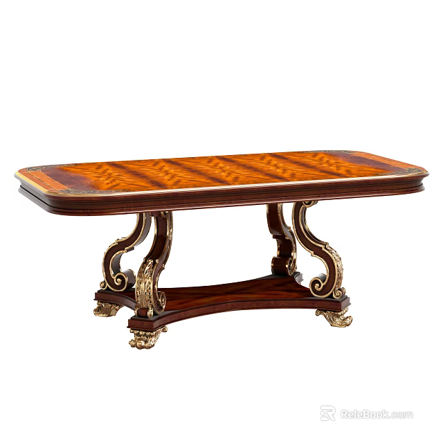 Elegant Vintage Dining Table with Inlaid Wood Top and Carved Gold Accent Legs 3d model 