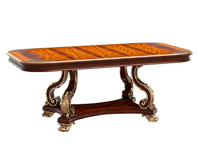 Elegant Vintage Dining Table with Inlaid Wood Top and Carved Gold Accent Legs 3d model
