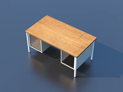 Simple Modern Wooden Desk with White Metal Legs and Open Shelves 3d model