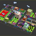 Colorful Cartoon Town Scene With Basketball Court Buildings Roads Cars Trees And Clouds