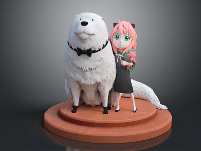 Pink Haired Girl With Green Eyes And Large White Bow Tied Dog Holding Flower Bouquet 3d model