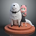 Pink Haired Girl With Green Eyes And Large White Bow Tied Dog Holding Flower Bouquet 3d model