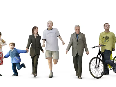 Group of People Walking Outdoors With Children Adults Elderly And Bicycle 3d model