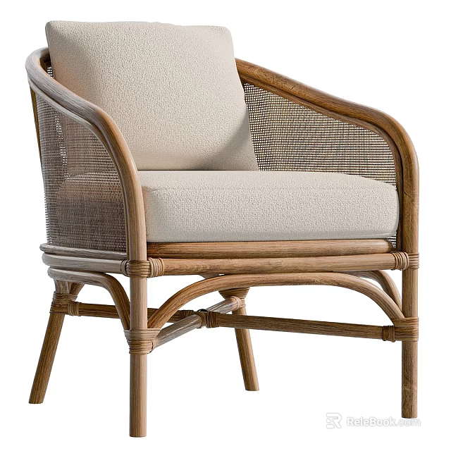 Modern Rattan Leisure Chair With Wooden Frame And Light Comfortable Cushion 3d model 