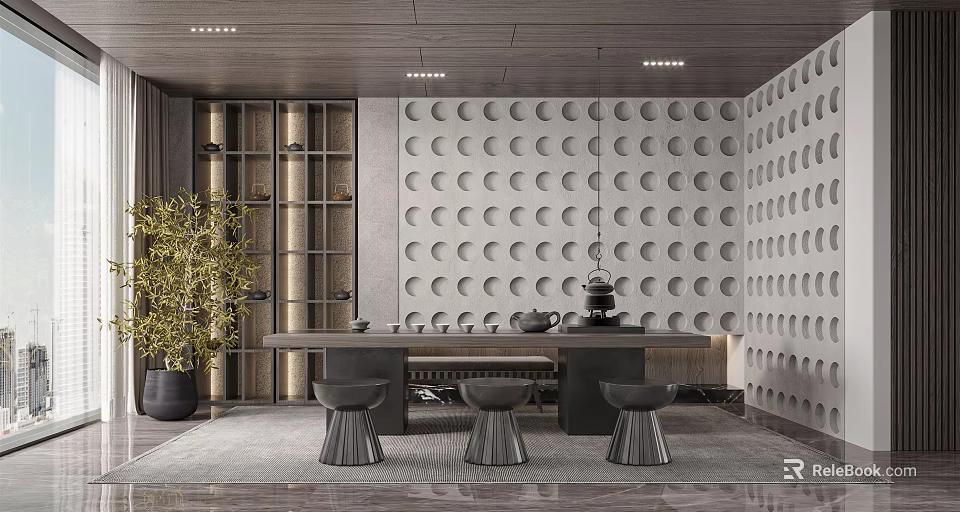 Modern Tea Room Interior With Circular Patterned Walls Long Wooden Table And Stools 3d model