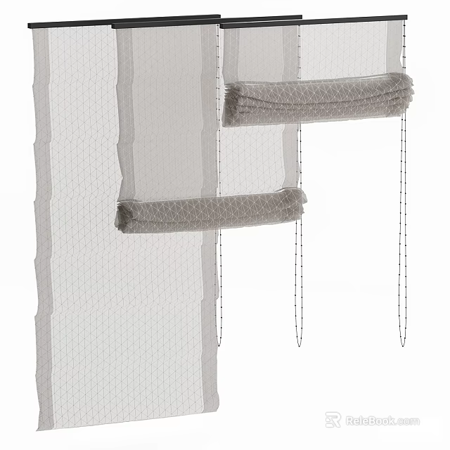 Adjustable Gray Mesh Venetian Blinds With Fabric Slats And Pull Cords For Windows 3d model 