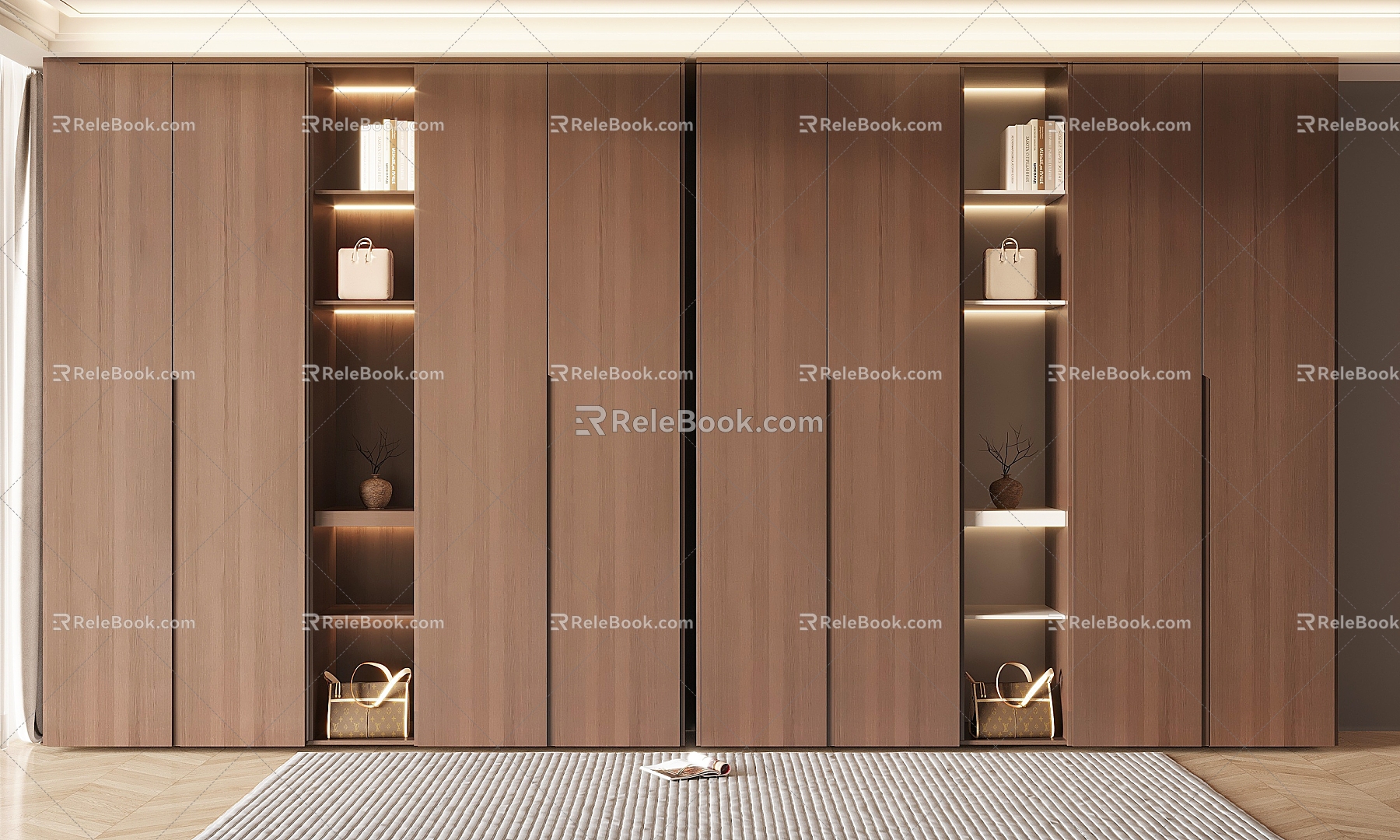 Middle and ancient style wardrobe non-corner flat door to top type wardrobe storage lattice books pottery jar dry branch 3d model