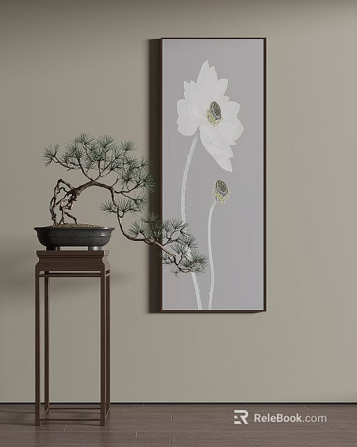 Elegant Plant Painting With Lotus Flower And Pine Bonsai On Wooden Shelf 3d model 