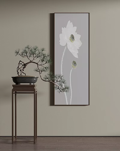 Elegant Plant Painting With Lotus Flower And Pine Bonsai On Wooden Shelf 3d model
