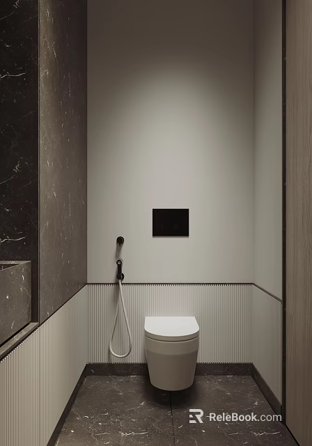 Modern Bathroom Interior With Light Vertical Striped Walls Dark Marble White Toilet And Black Panel 3d model 