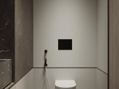 Modern Bathroom Interior With Light Vertical Striped Walls Dark Marble White Toilet And Black Panel 3d model