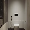 Modern Bathroom Interior With Light Vertical Striped Walls Dark Marble White Toilet And Black Panel