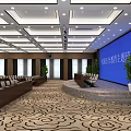 Spacious Conference Room With Row Seating Large Projection Screen Modern Ceiling And Green Plants