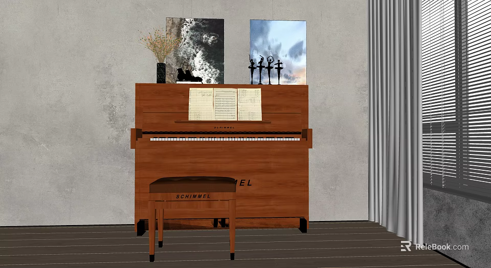 Wooden Piano With Sheet Music And Two Paintings In Interior Room With Gray Wall 3d model 