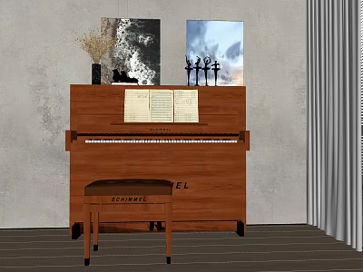 Wooden Piano With Sheet Music And Two Paintings In Interior Room With Gray Wall 3d model