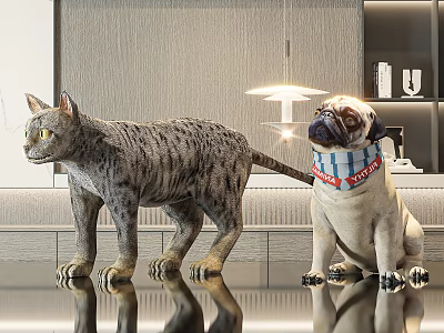 Grey Tabby Cat And Pug Dog In Blue Scarf Sitting On Smooth Countertop Modern Interior 3d model