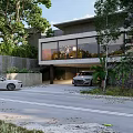 Modern Detached Villa Featuring Large Glass Windows Garage And Lush Greenery