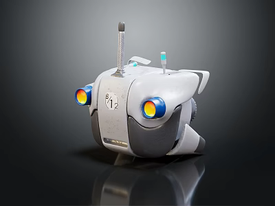 Small White And Gray Futuristic Robot With Antenna Glowing Eyes And Mechanical Design 3d model
