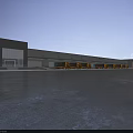 Gray Exterior Industrial Warehouse Featuring Yellow Trucks Spacious Front Yard Trees And Flags At Entrance