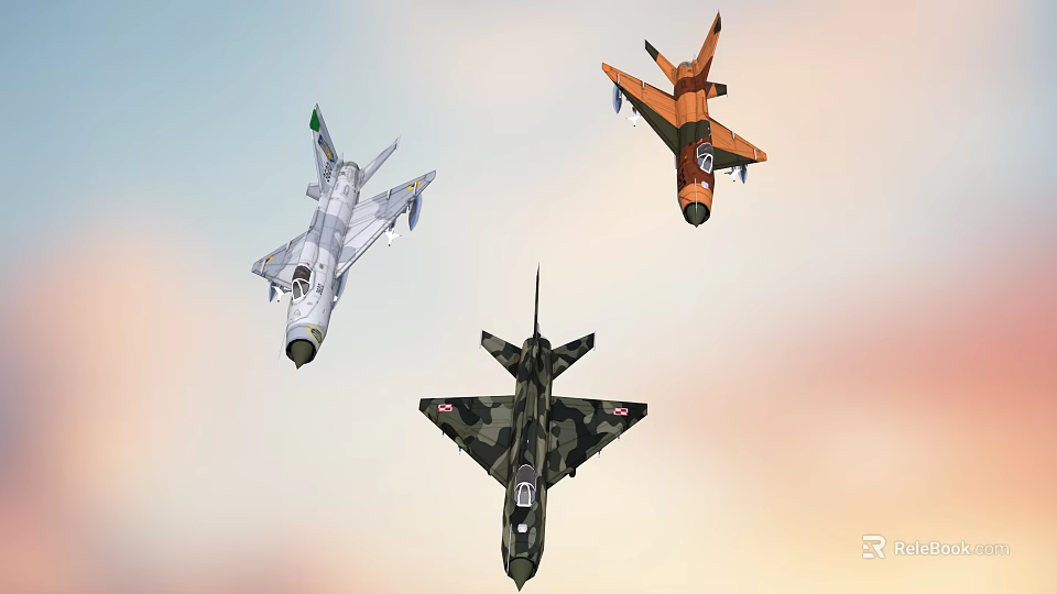 Three Different Colored Fighter Jets Flying in Sunset Sky with White Orange Camouflage 3d model 