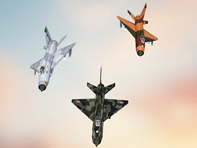 Three Different Colored Fighter Jets Flying in Sunset Sky with White Orange Camouflage 3d model