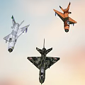 Three Different Colored Fighter Jets Flying in Sunset Sky with White Orange Camouflage