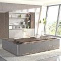 Modern Office Interior With Large Desk Floor-to-Ceiling Windows Bookshelf And Green Plants