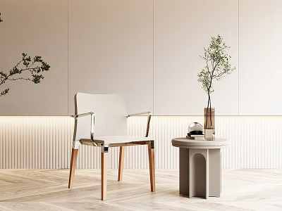 Modern Upholstered Dining Chair With Armrests And Wooden Legs Beside Small Table With Green Plant 3d model