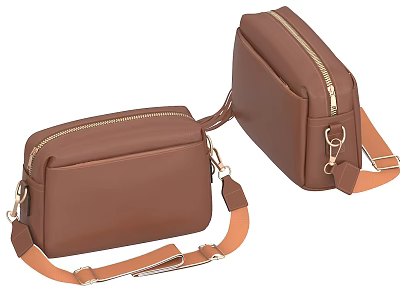 Brown Leather Crossbody Bags With Zipper Strap And Metal Hardware Displayed 3d model