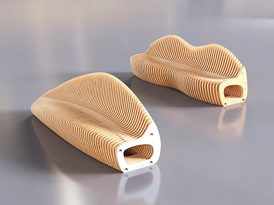 Two Modern Wooden Leisure Chairs With Wave Pattern And Smooth Hollow Structure 3d model