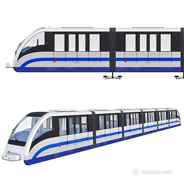Modern Streamlined Tram Exterior Design With Blue White Color Scheme Large Windows And Multiple Cars 3d model 