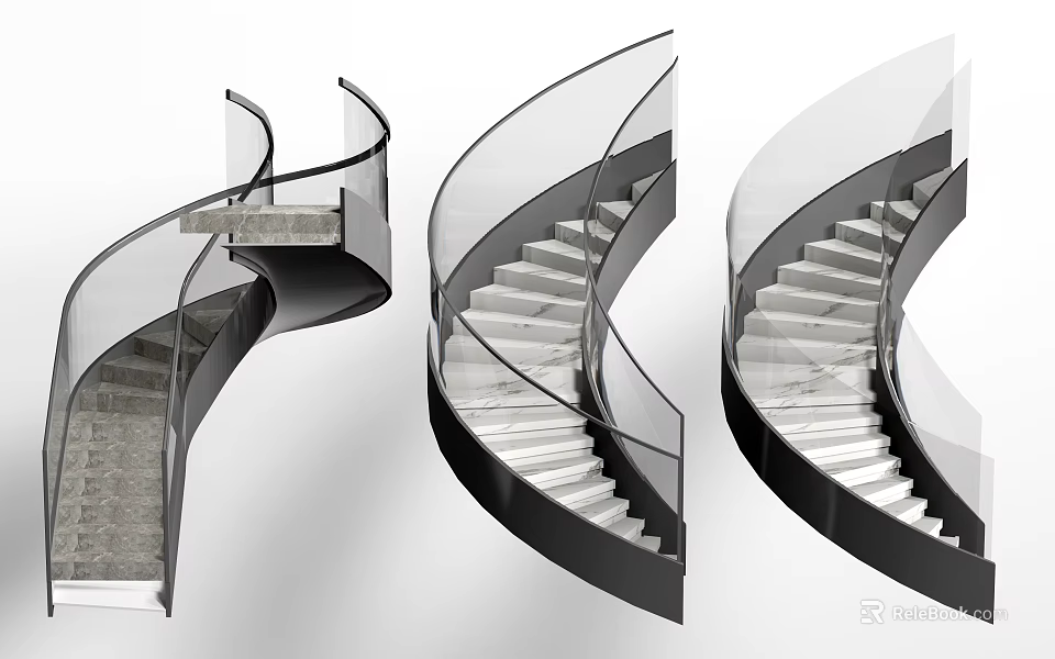 Modern Spiral Staircase Design With Glass Railing Black Frame And Light Colored Steps 3d model 
