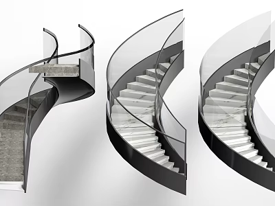 Modern Spiral Staircase Design With Glass Railing Black Frame And Light Colored Steps 3d model