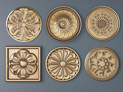 Intricate Carved Decorative Elements In Round And Square Golden Shapes For Interior Accents 3d model