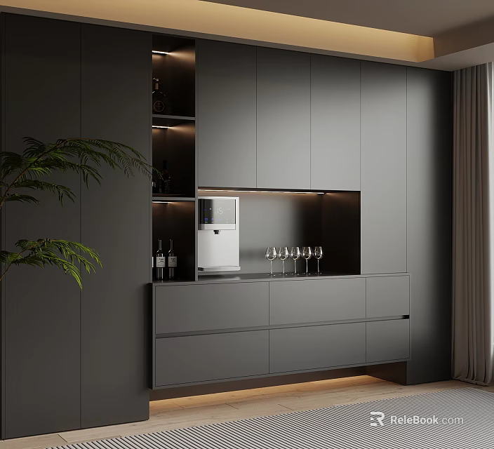 Modern Gray Sideboard With LED Lighting Storage Drawers Cabinets And Wine Glasses 3d model 