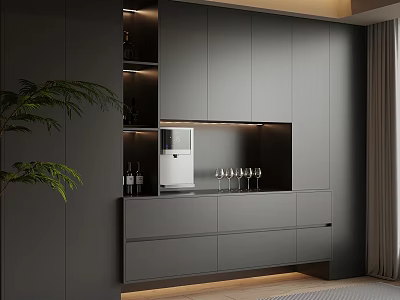 Modern Gray Sideboard With LED Lighting Storage Drawers Cabinets And Wine Glasses 3d model