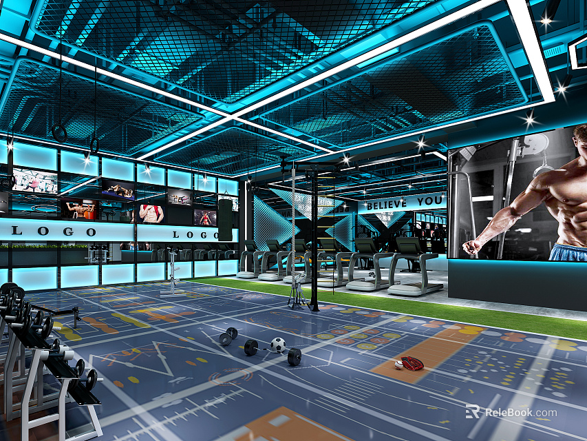 Modern Fitness Gym Interior With Workout Equipment And Open Layout Design 3d model 