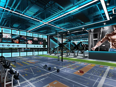 Modern Fitness Gym Interior With Workout Equipment And Open Layout Design 3d model