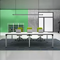 Office Desk With Three Yellow Chairs Laptop Green And Gray Walls White Bookshelf Window