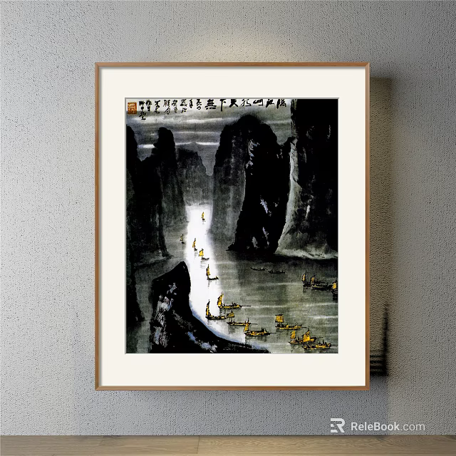 Traditional Chinese Landscape Painting With Ink Wash Mountains And Boats On River 3d model 