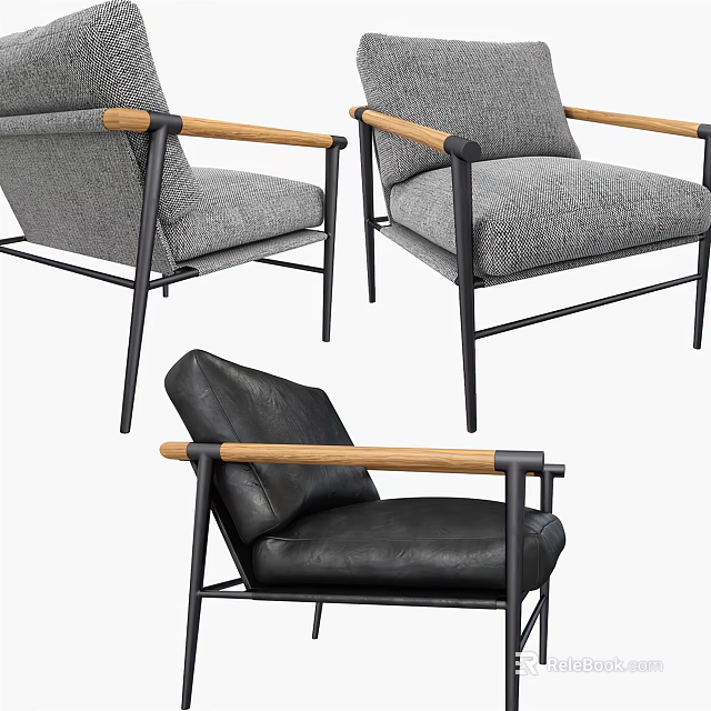 Modern Accent Chairs In Gray Fabric Black Leather With Wooden Armrests And Metal Frames 3d model 